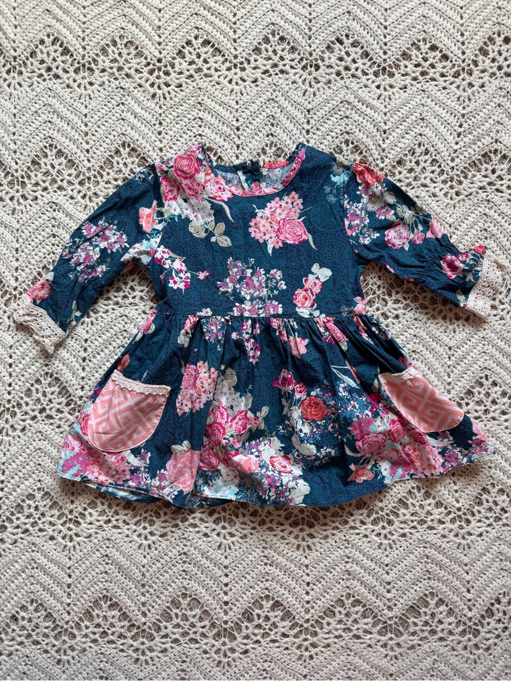 Cheeky Plum Girls Navy Floral Long-Sleeve Pocket Dress Tunic Top Lace Ruffles